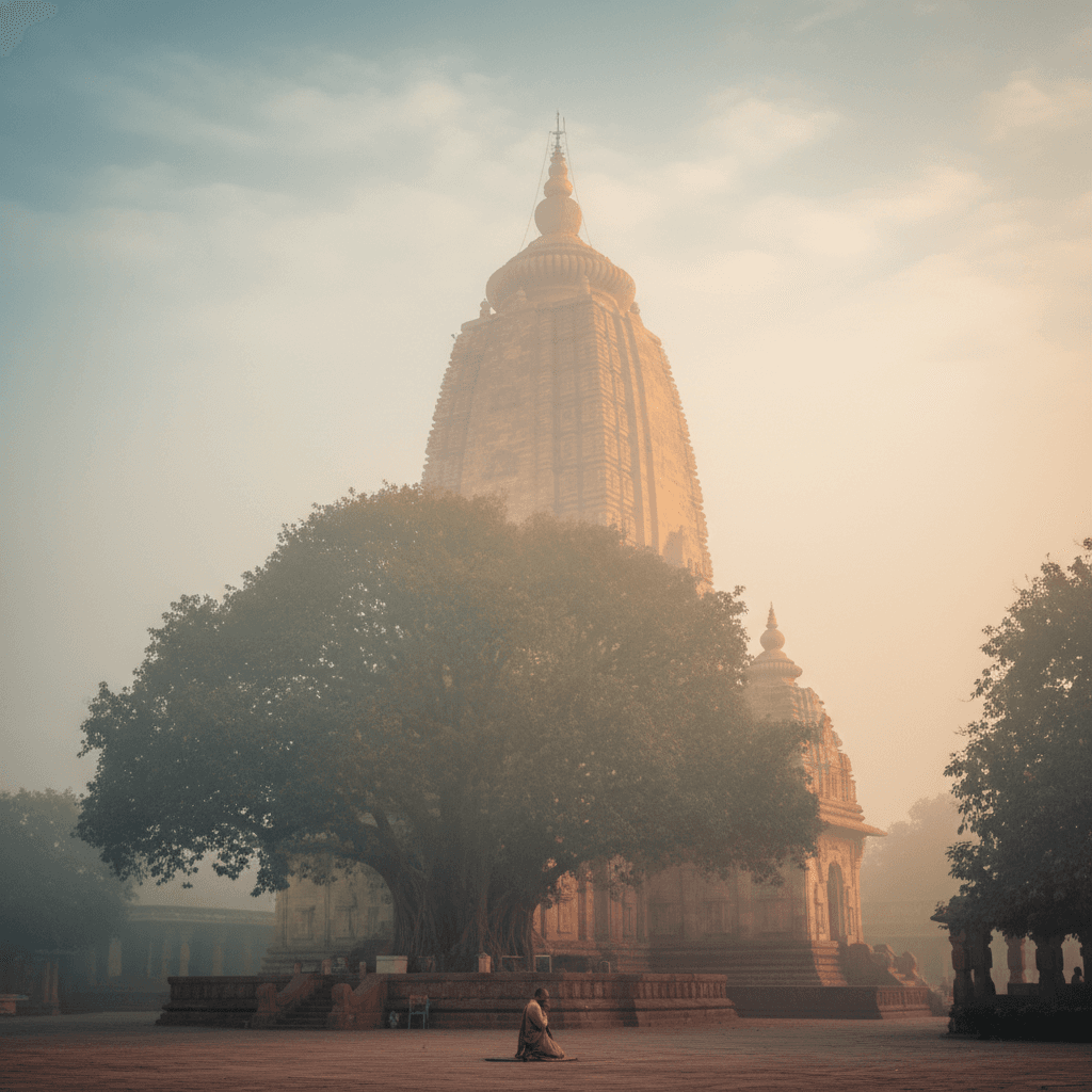 Mahabodhi Temple spire rising through morning mist in Bodh Gaya