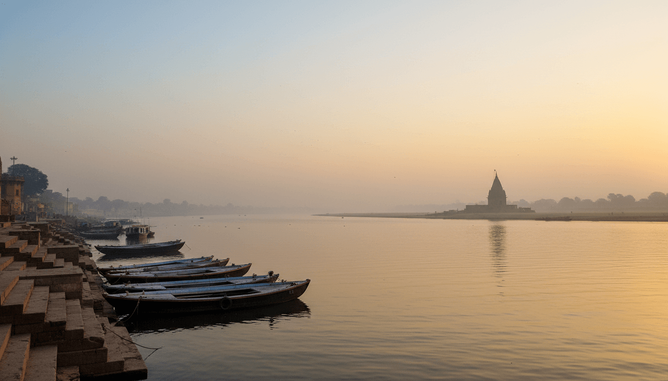 Peaceful morning on the Ganges in Varanasi with boats and a temple spire