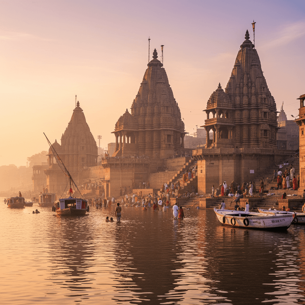 Ganga ghat at dawn with temples, boats, and pilgrims near the river