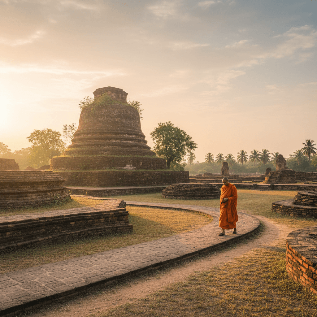 Monk walking past ancient stupa ruins at Sarnath in golden light