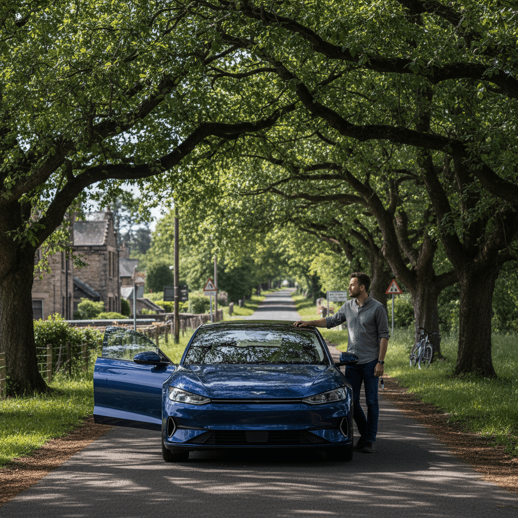 Sedan car parked on a shaded road with a driver standing by