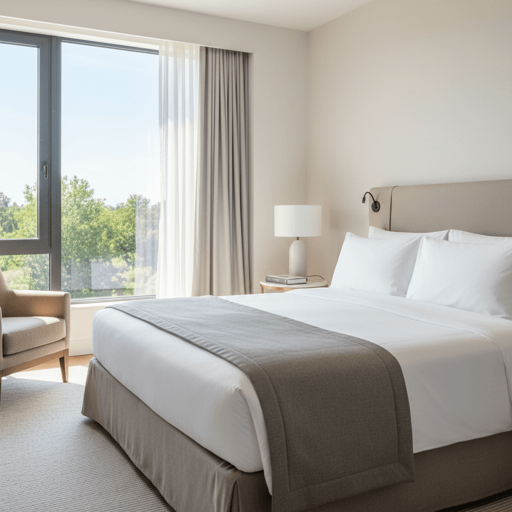 Hotel room with a tidy bed and a window letting in daylight