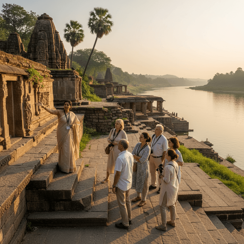 Local guide explaining temple history to a small group at a ghat in Varanasi