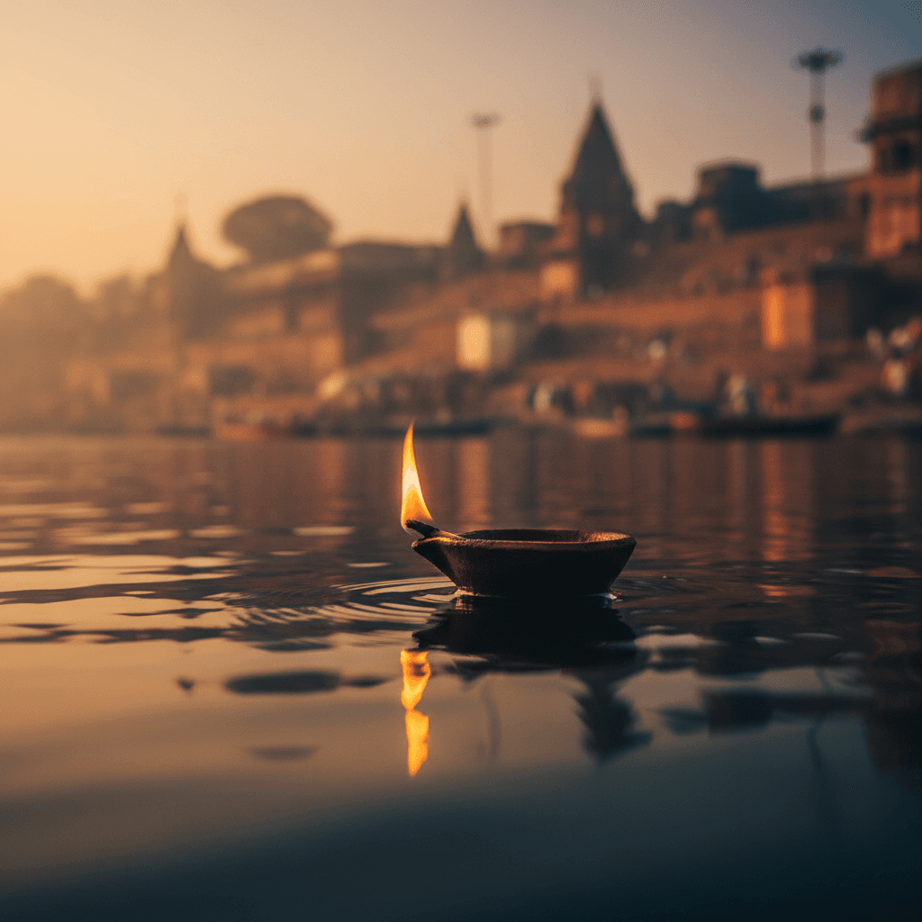 Floating diya on the Ganges at dawn