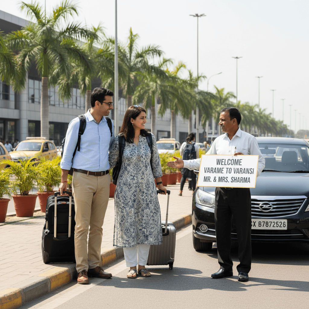 Couple with luggage greeted by a professional driver at an airport curb in Varanasi