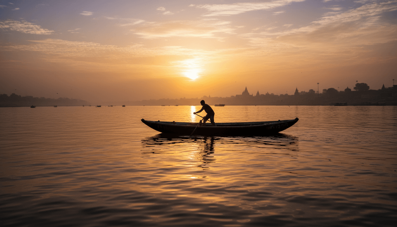 Peaceful Ganges river scene at dawn with a boat and golden light