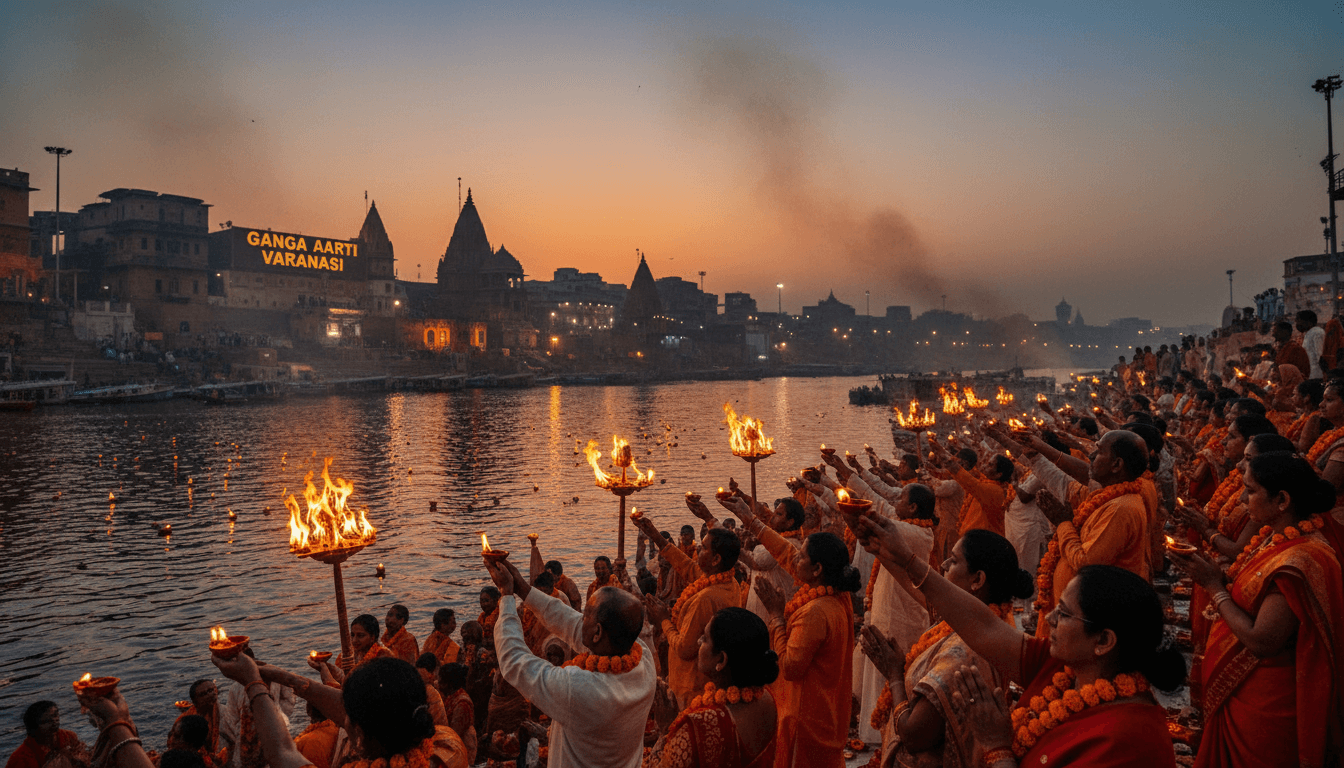 Evening Ganga Aarti ceremony on the ghats of Varanasi with devotees and lamps