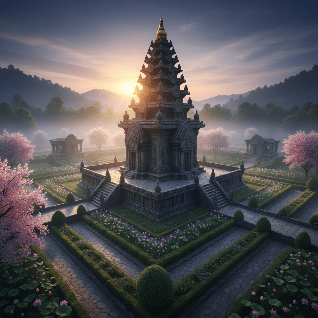 Ancient stone temple with golden spire surrounded by manicured gardens