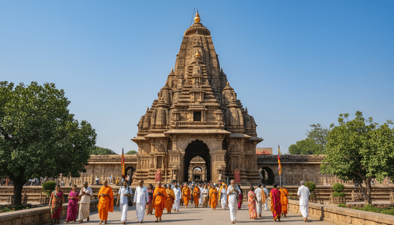 Entrance of Mahabodhi Temple with pilgrims in foreground