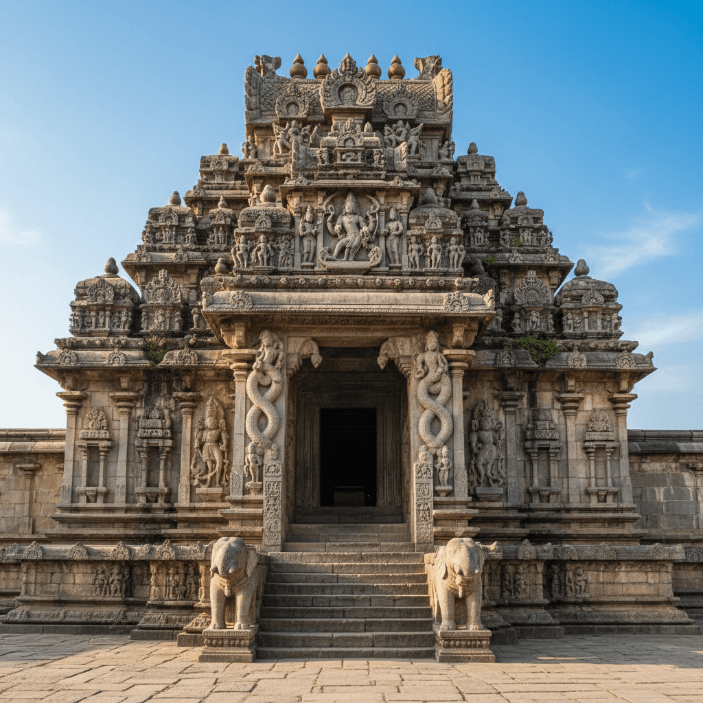 Ornate stone temple entrance with carved pillars under clear blue sky