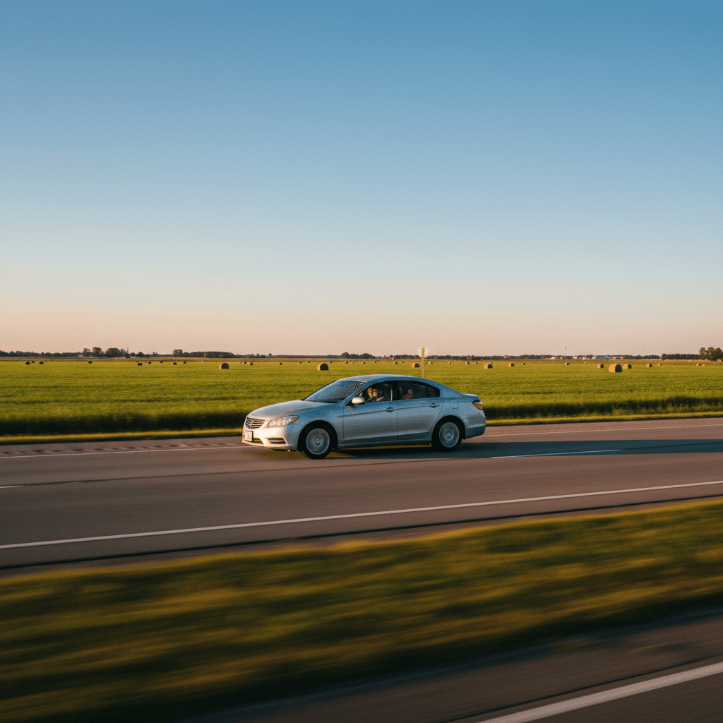 Car driving on open highway through green fields