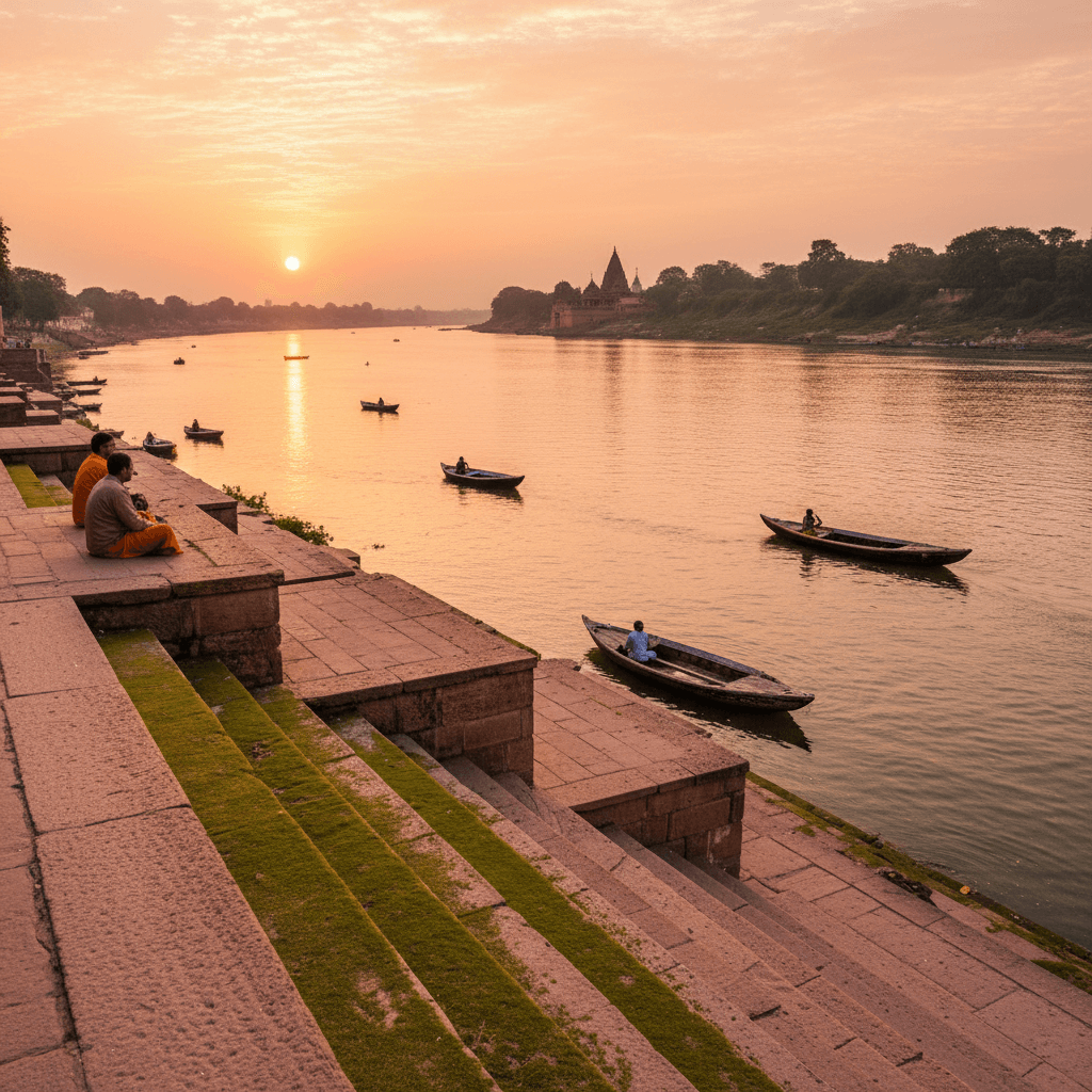 Wide view of river ghat with stone steps and calm evening light