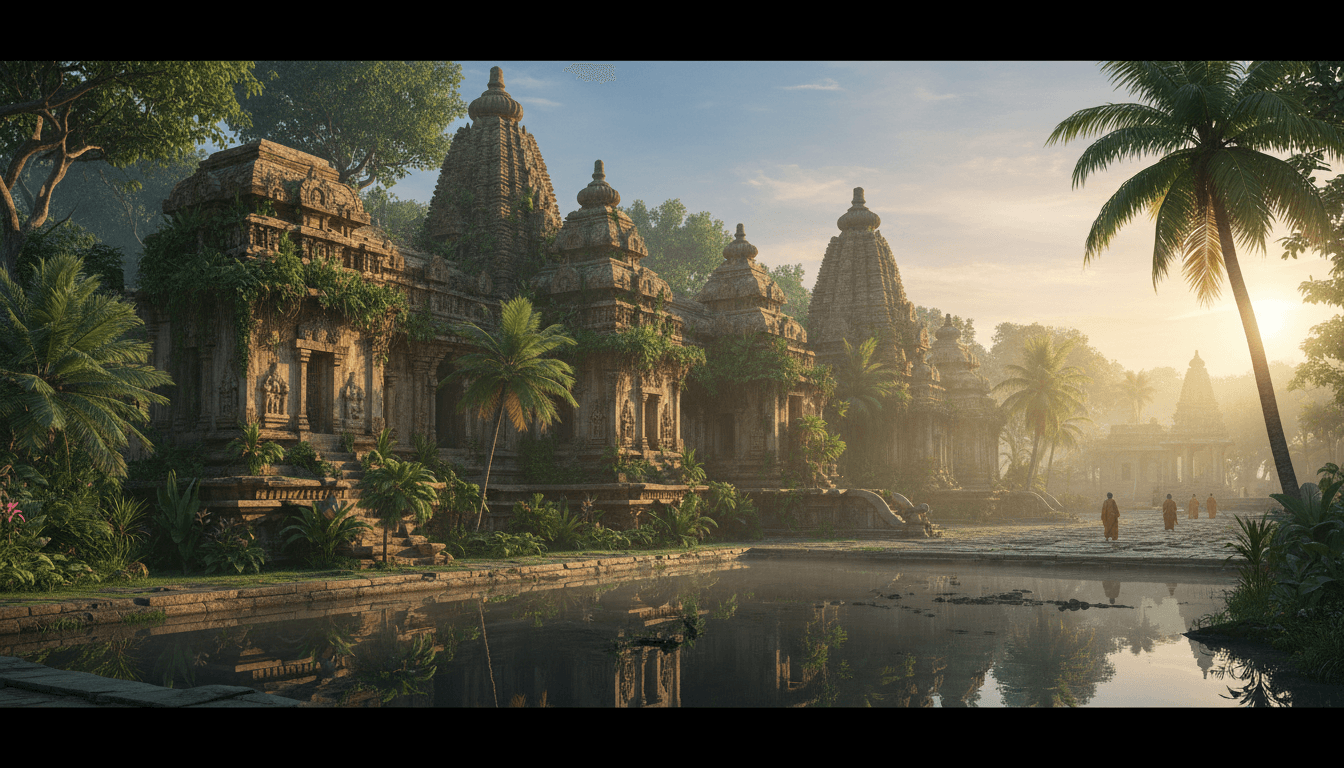 Ancient temple complex with stone architecture and green surroundings in morning light