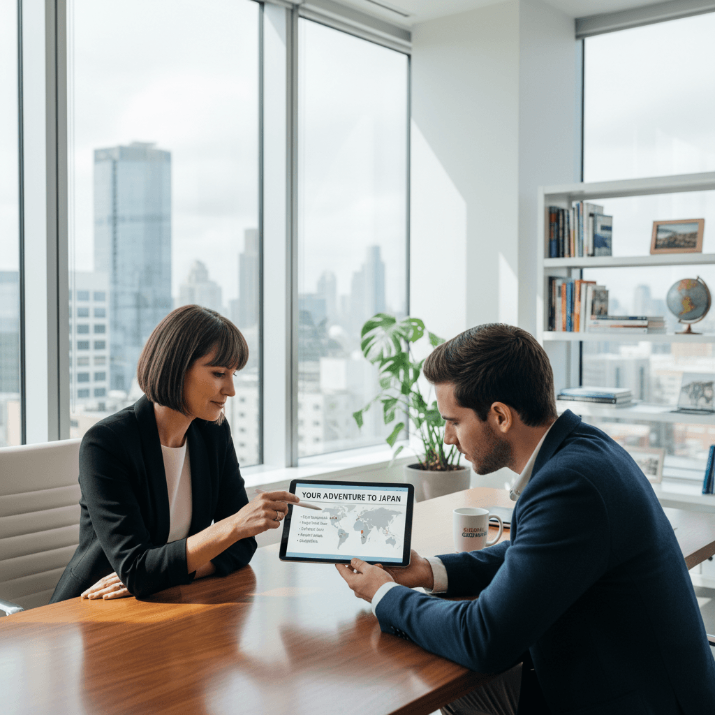 Travel consultant and client reviewing a custom itinerary on a tablet