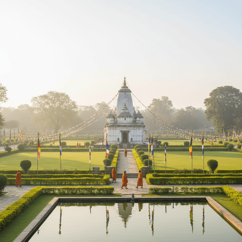 White Maya Devi Temple in the tranquil gardens of Lumbini at morning