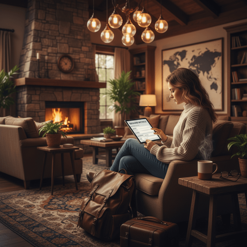 Person completes a reservation on a tablet in a hotel lobby with warm lighting