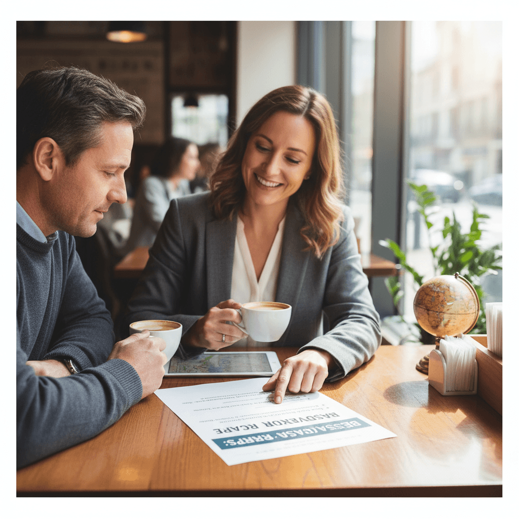 Travel consultant reviews a custom itinerary document with a client at a table