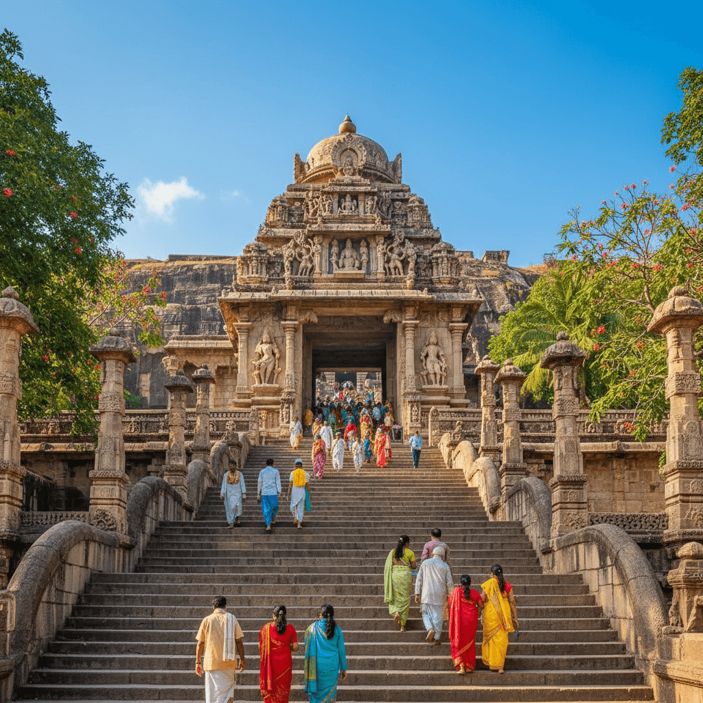 Stone temple entrance with devotees climbing steps under a clear sky