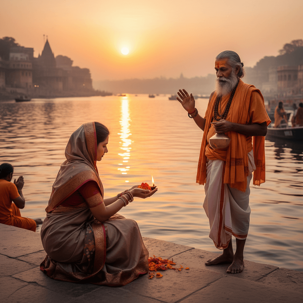 Devotee offering prayers at a riverbank with a priest in traditional attire