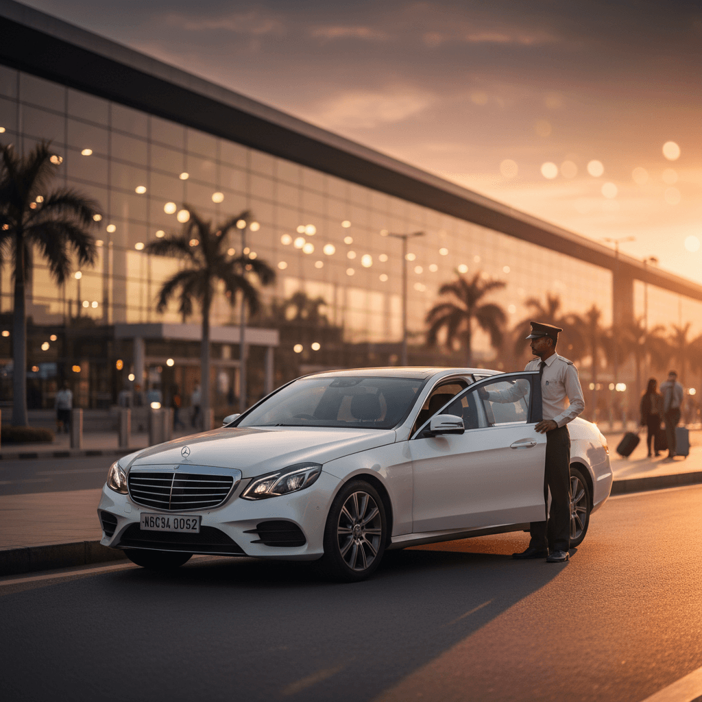 White sedan waiting outside airport terminal in warm evening light