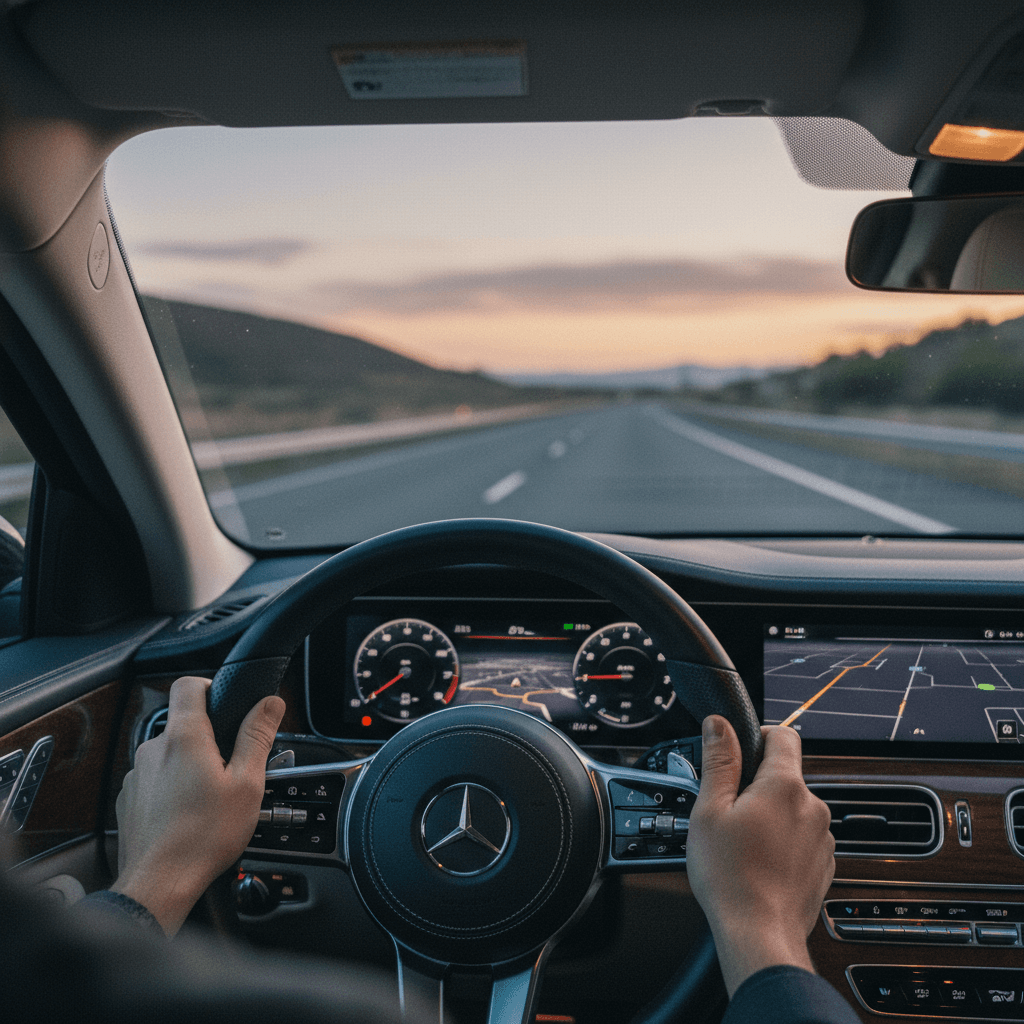 Driver's hands on steering wheel in a car at dusk