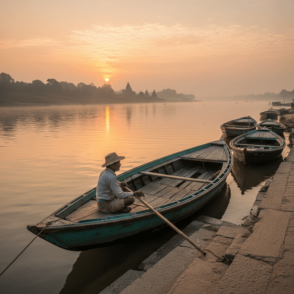 Traditional wooden boat with a local boatman at a river ghat at sunrise