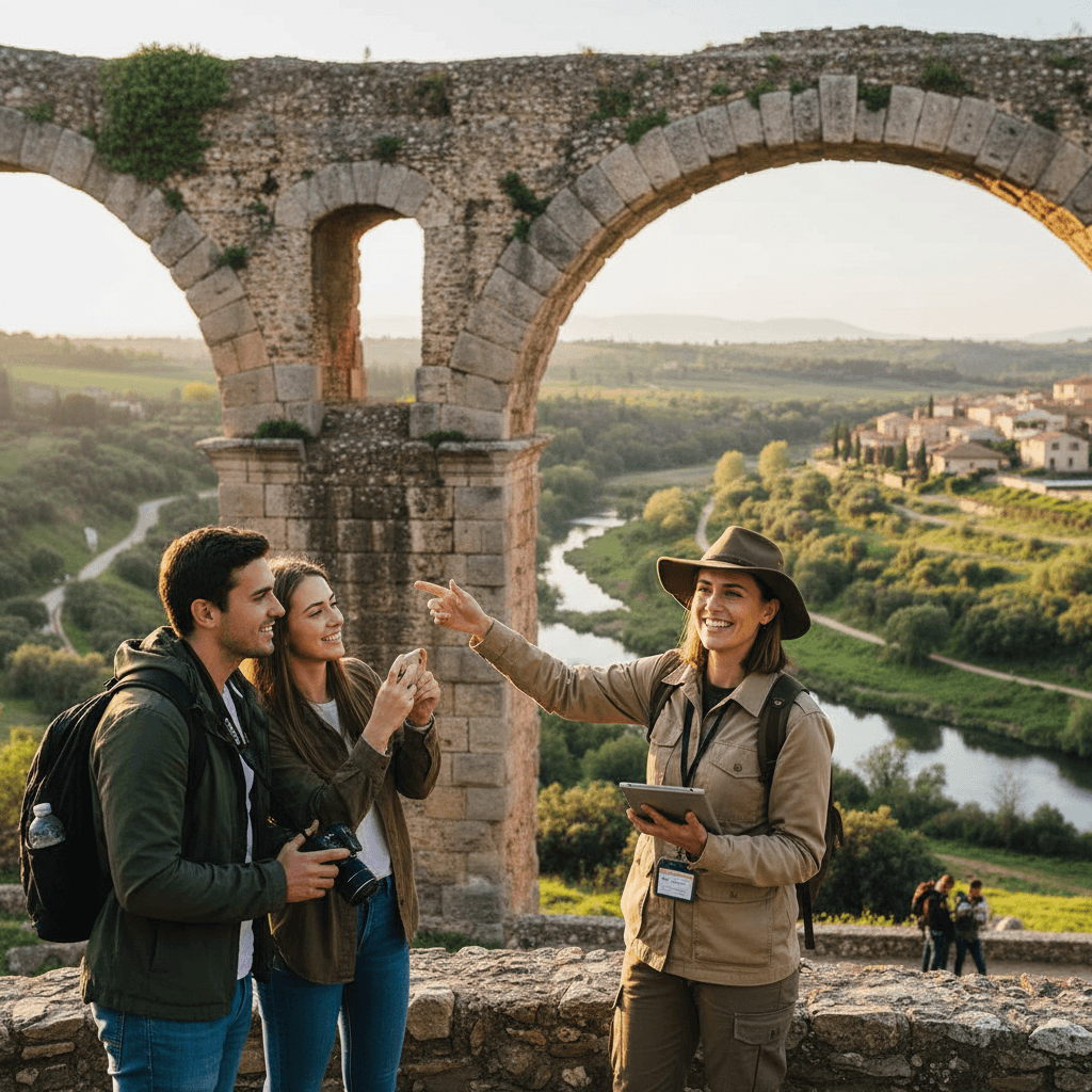 Tour guide showing a historic landmark to two visitors