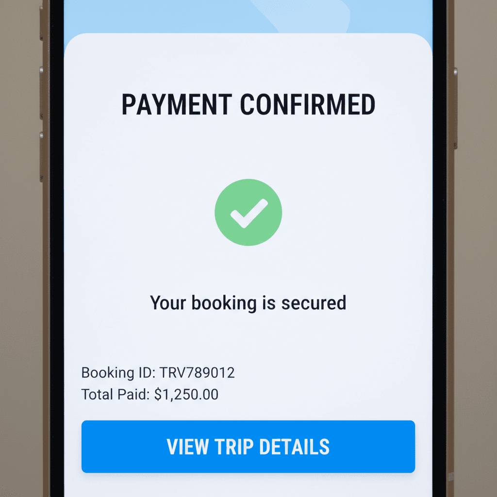 Smartphone screen showing a secure payment confirmation for a travel booking