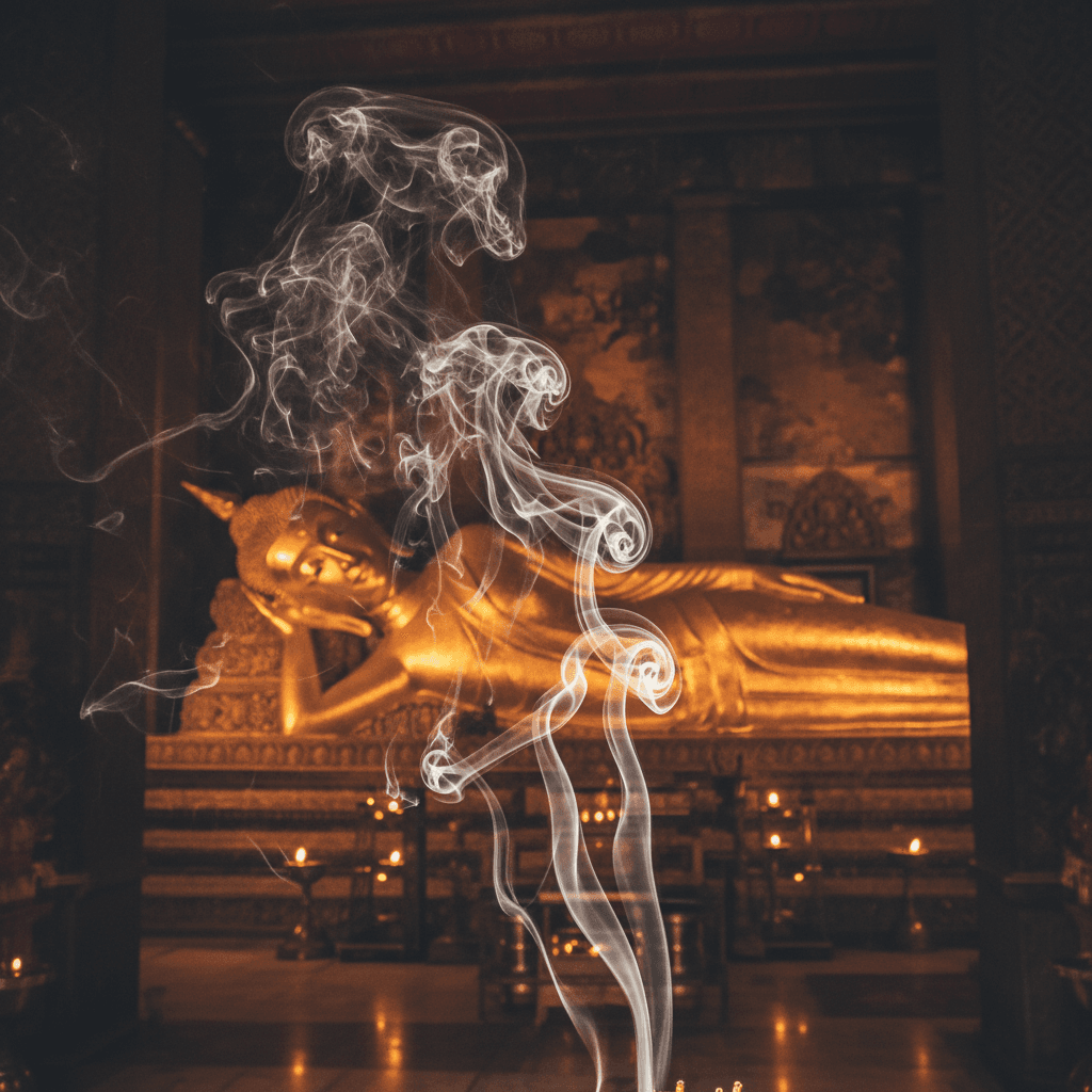 Incense smoke before a reclining Buddha statue in Kushinagar temple
