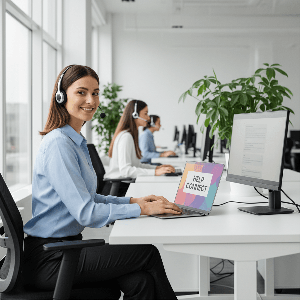 Customer support agent on a headset in a bright office space