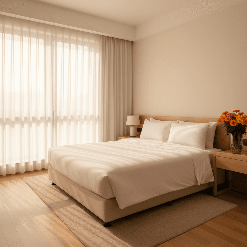 Peaceful hotel room with white linen and soft sunlight