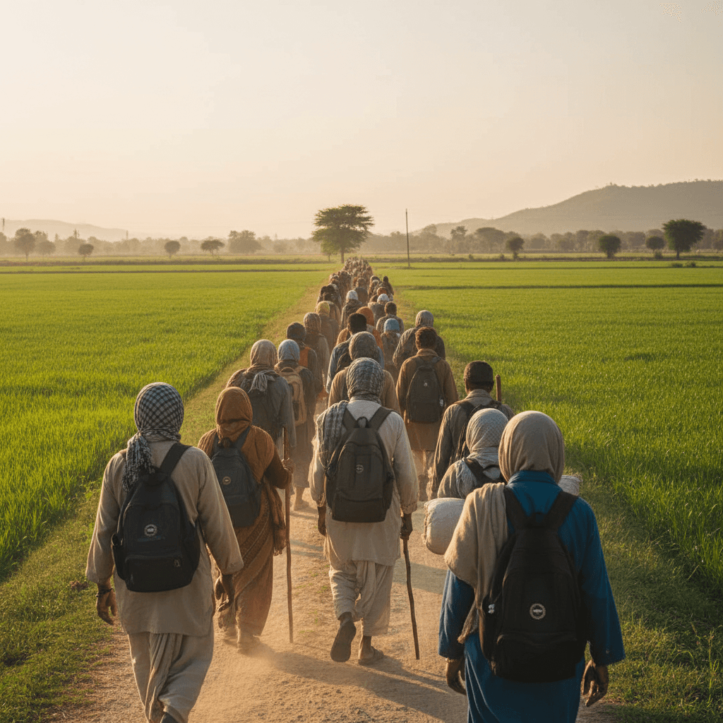 Pilgrims walking in a line along a countryside path in northern India