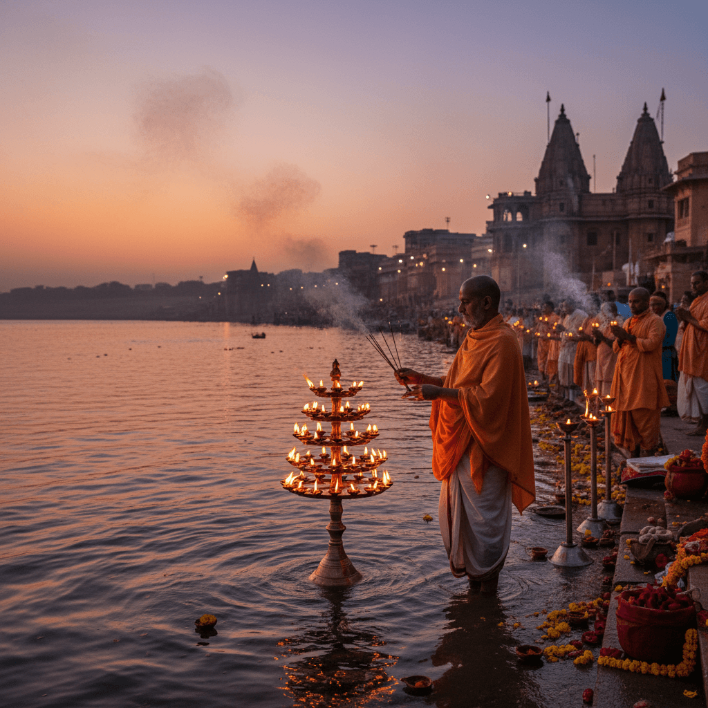 Priest performing Ganga Aarti with lamps and incense at riverbank