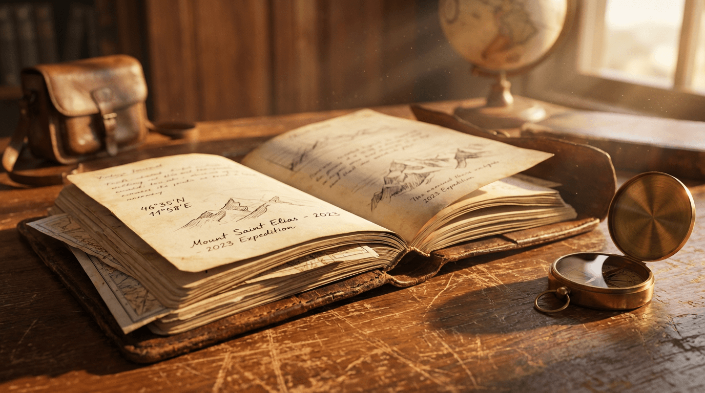 Travel desk with notebook and pen on polished wood, soft natural light