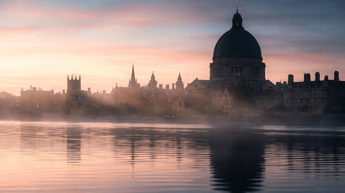 Wooden boat on the Ganges at dawn with mist and distant temple lights