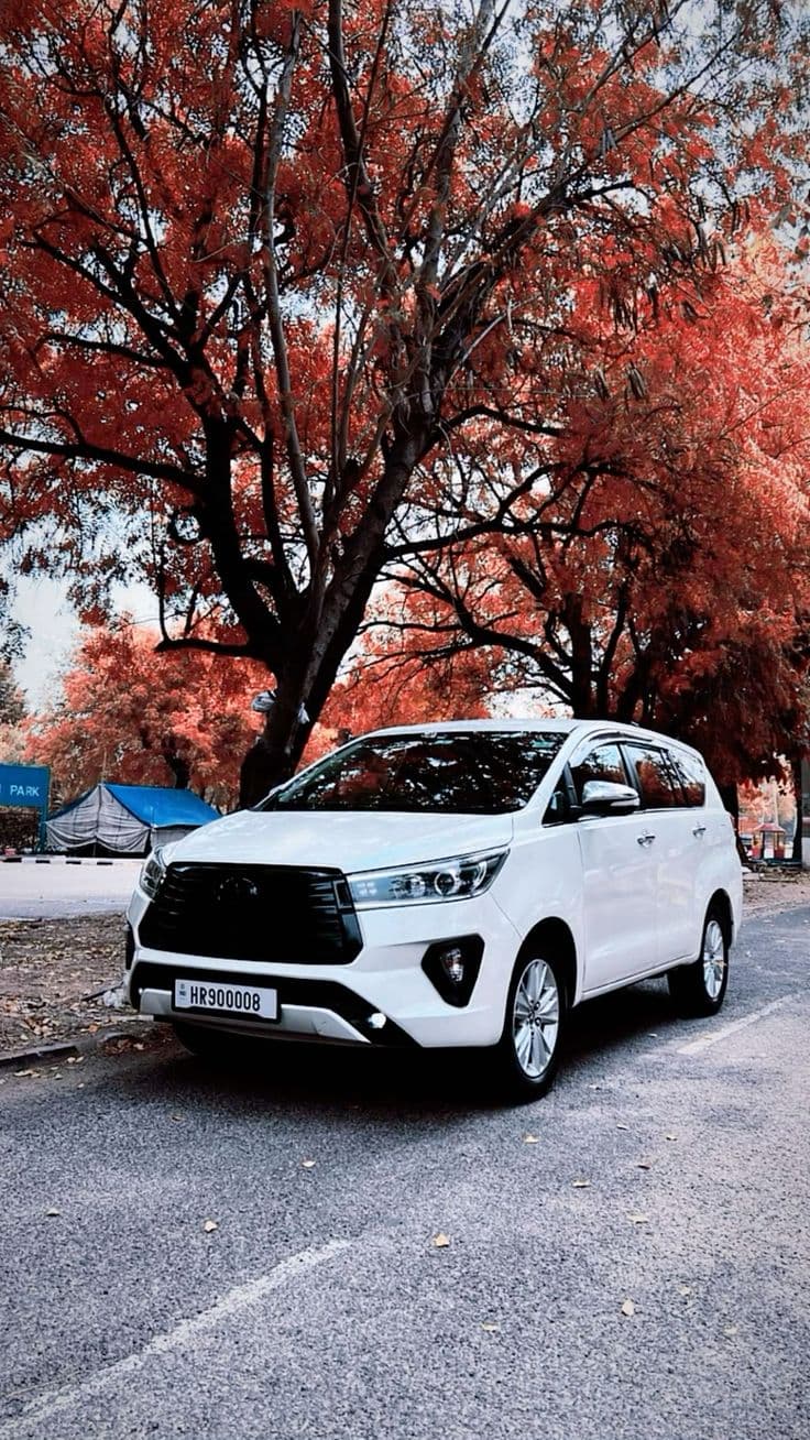 White Toyota Innova Crysta parked on a road beneath a canopy of red autumn leaves.