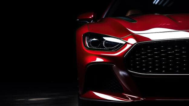 Close-up of a sleek red sports car's headlight and grille against a dark background.